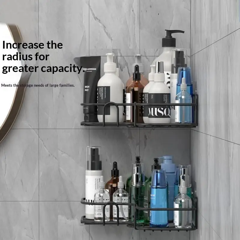 Black Metal No Drilling Adhesive Corner Shelf Rust Proof Large Capacity Bathroom Shower Kitchen Storage