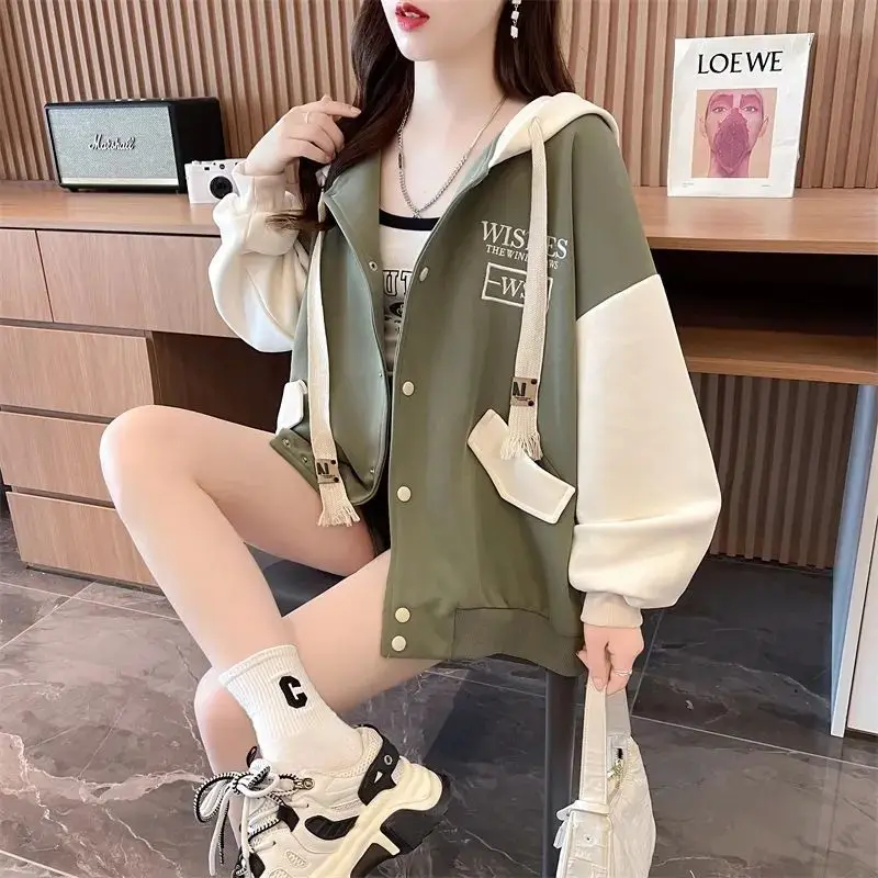 Women's Casual New Loose Cardigan Sweatshirt with Added Velvet and Thickened Hooded Jacket Oversized Loose Contrasting Baseball