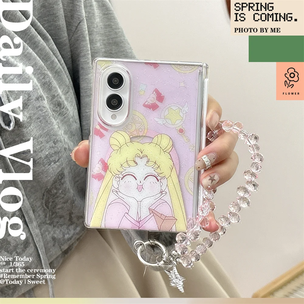 Kawaii Flower yellow Girl Magnetic Phone Case for Samsung Galaxy Z Fold 8 Ultra zfold 8 7 6 5 Cover For Magsafe Stand Chain
