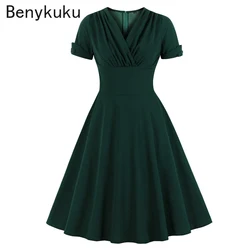 1950s Vintage Green Wrap Dress A Line Swing High Waist Ruched V Neck 4XL Plus Size Women Dresses Summer Elegant Party Midi Dress