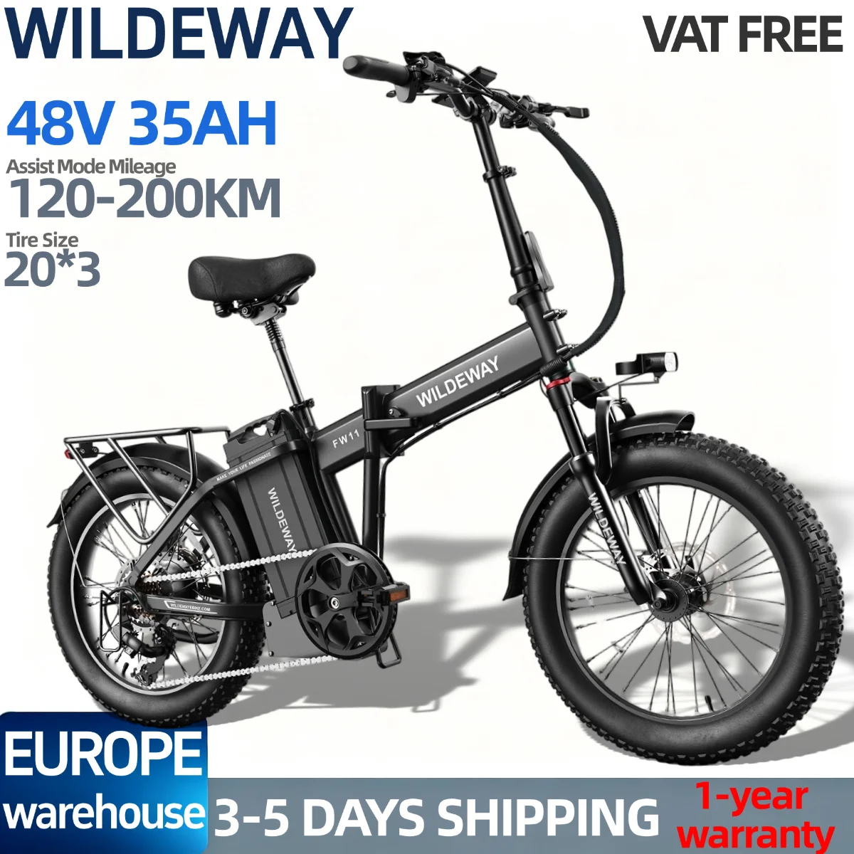 Wildeway Fw11 48V 35Ah Bicicletta Elettrica per Adulti con Telaio in Lega di Alluminio, Pneumatici 20*3 Pollici, 7 Modalità di Assistenza, Autonomia 120-200Km, Bici da Montagna con Motore Brushless,