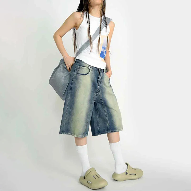 Retro Blue Baggy Jean Shorts Womens Wide Leg Pants High Waist Casual Knee Length Oversized Jorts Barrel Jeans Denim Shorts