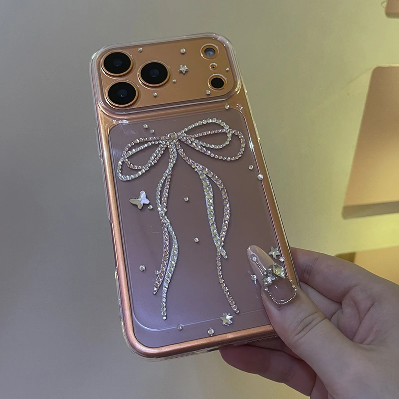 Cute Bling Rhinestone Double Bow Phone Cover for iPhone 17 Air Case 16 15 14 Pro Max 13 12 11 Advanced Transparent Diamond Case