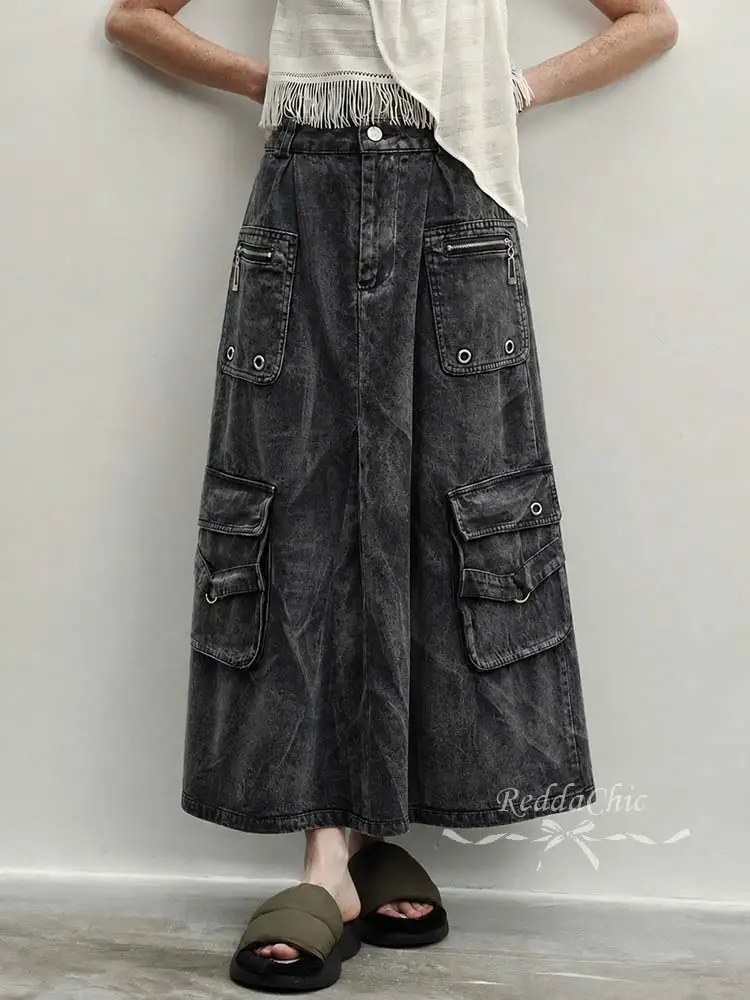 REDDACHiC ICON Eyelets Denim Maxi Skirt Women Harajuku Black Pleat Do Old A-line High Waist Cargo Jean Skirt Grunge Streetwear