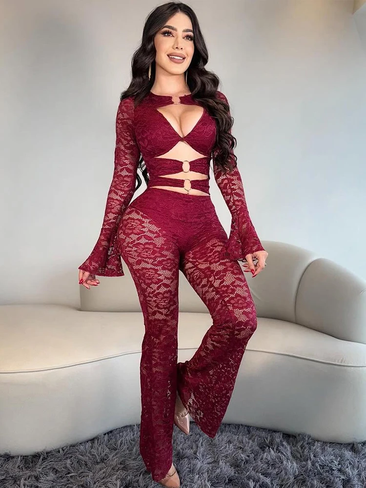 Nibber See Through Jumpsuits Woman Metal Rings Patchwork Hollow Design Sexy Full Sleeve Midnight Club Party Wild Style Overalls