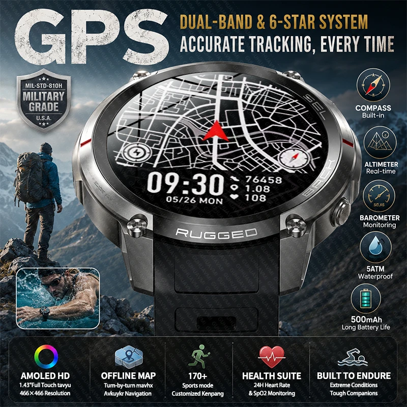 

New Outdoor Military Sports Smart Watch Built-in GPS GNSS Map Navigation Altimeter 5ATM waterproof 500mAh BT call Smartwatch Men