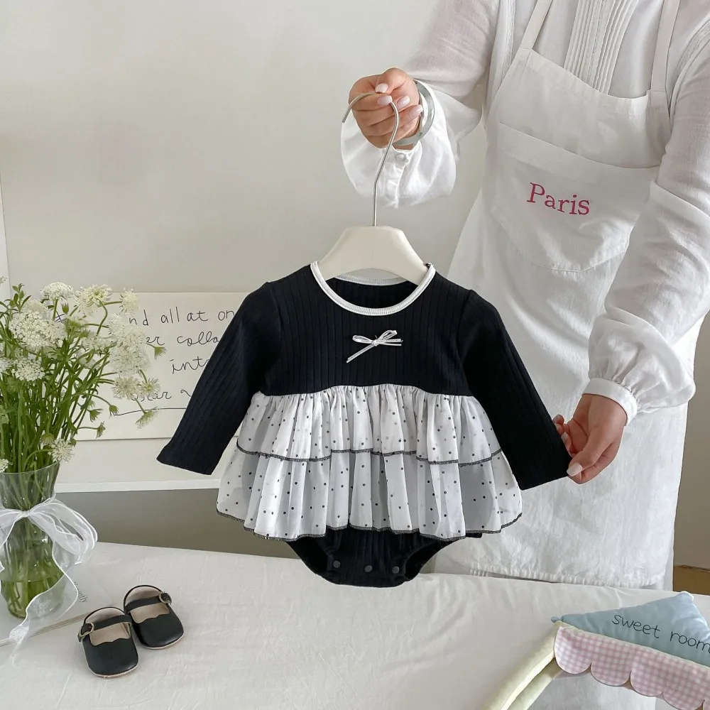 2026 Autumn Baby Girl Dress Romper 0-2Years Cute Newborn Princess Long Sleeve O-Neck Bow Dot Skirted Bodysuit Outfits Clothes