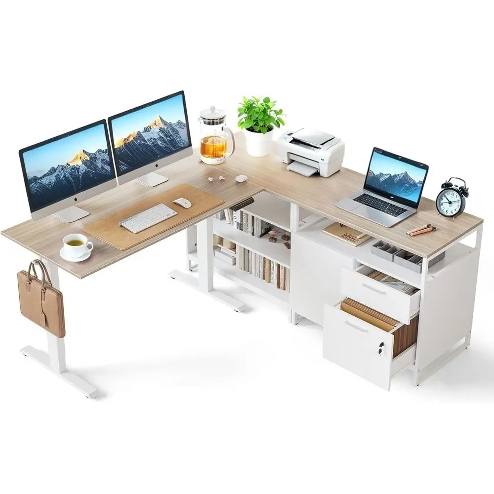 

Adjustable Height Electric L-Shaped Desk with Storage, Executive Style, Light Walnut Finish