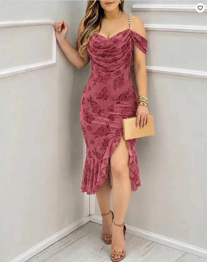 Women's Fashion Cold Shoulder Pearls Decor Strap Ruffle Midi Dress 2026 New Cowl Neck Flocked Rose Slit Mermaid Bodycon Dress