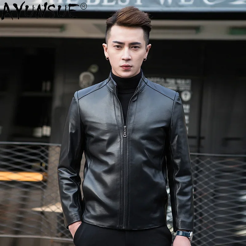 AYUNSUE Fashion Men Leather Jacket Casaul Slim Stand Collar Real Sheepskin Coat Spring Men's Clothing Biker Coats and Jackets view 3