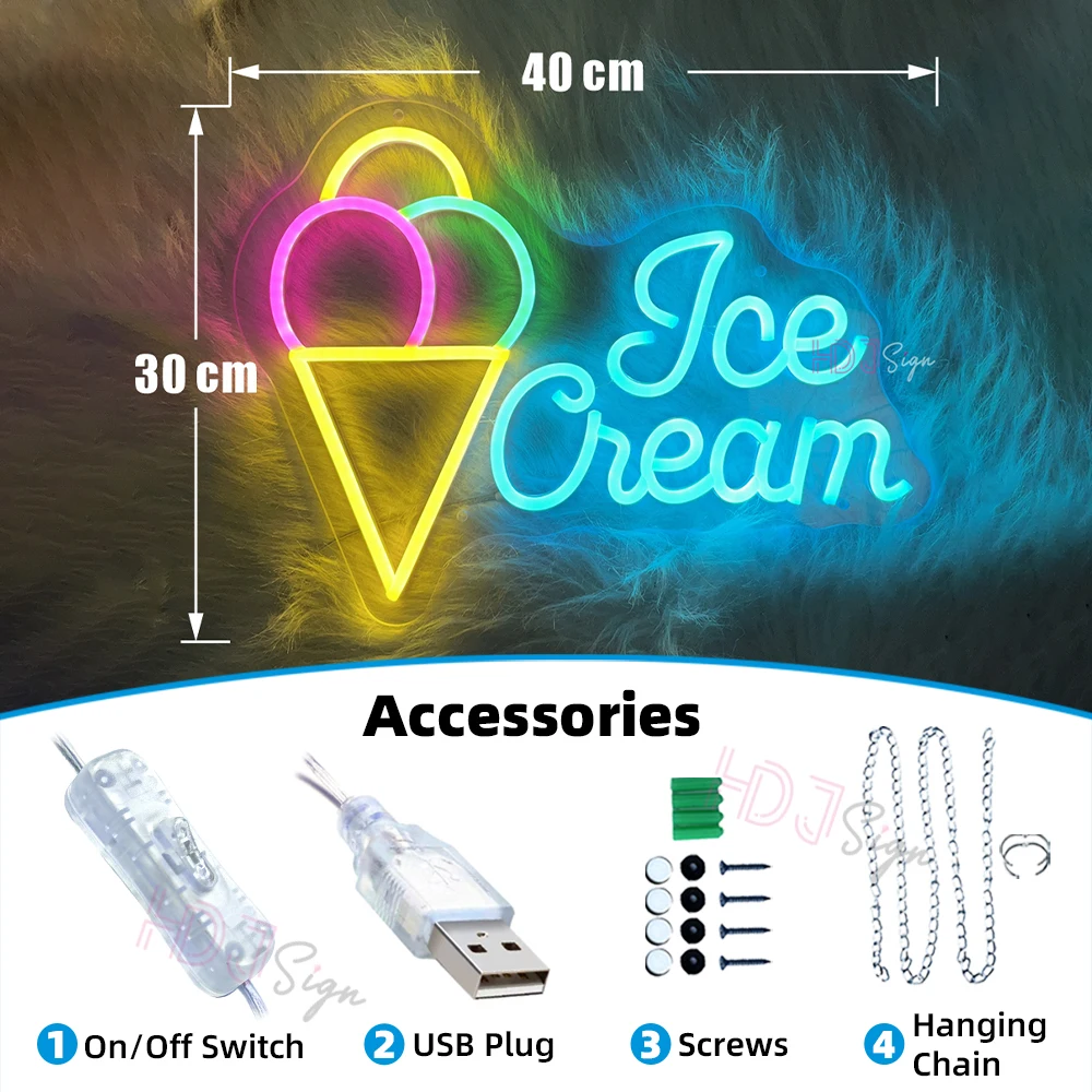 Ice Cream Neon LED Sign Lights Cafe Restaurant Wall Decor Room LED Lights Neon Sign Snack Dessert Shop Neon Night Lights USB