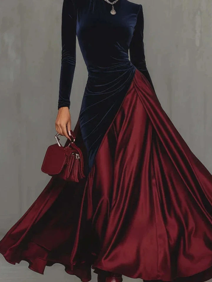

Elegant Lady High Waist Pleat Big Hem Maxi Dress Autumn New Slim Banquet Dresses Vintage Color Blocked Long Sleeve Evening Dress