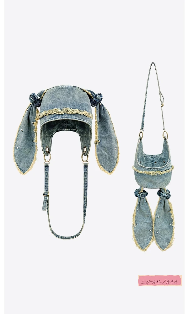 

Japanese Rabbit Ear Denim Bag Pullover Hat Spring and Autumn Street Gradually Change Hair Band Wash and Make Old Bag Head Hat