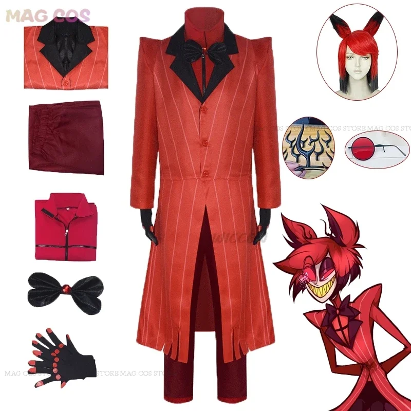 

Костюм для косплея Cos Hazbin Alastor, униформа для отеля, костюм для косплея для взрослых мужчин, реквизит для волос на Хэллоуин, костюмы, красный костюм, очки, головной убор