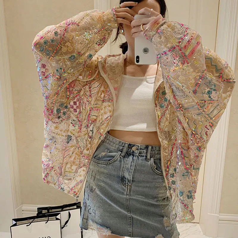 Fashion Sequin Women\'s Jacket 2023 New Shiny Bling Bling Hooded Coats Woman Summer Loose Zip Sun Protection Female Clothes