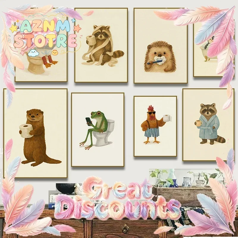 Funny Otter Toilet Paper Duck Reading on Toilet Poster Raccoon Animal Wall Art Bathroom Canvas Painting Print Nursery Home De
