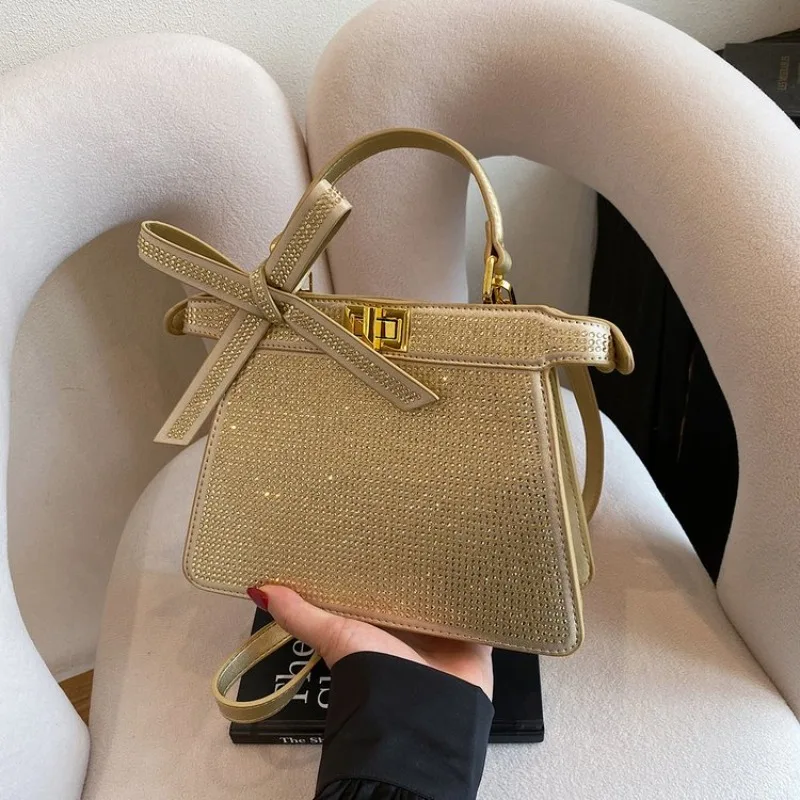 

French Elegance Versatile Shoulder Crossbody Bag for Women Sparkling Crystal Embellished Top-Handle Purse Premium PU Leather