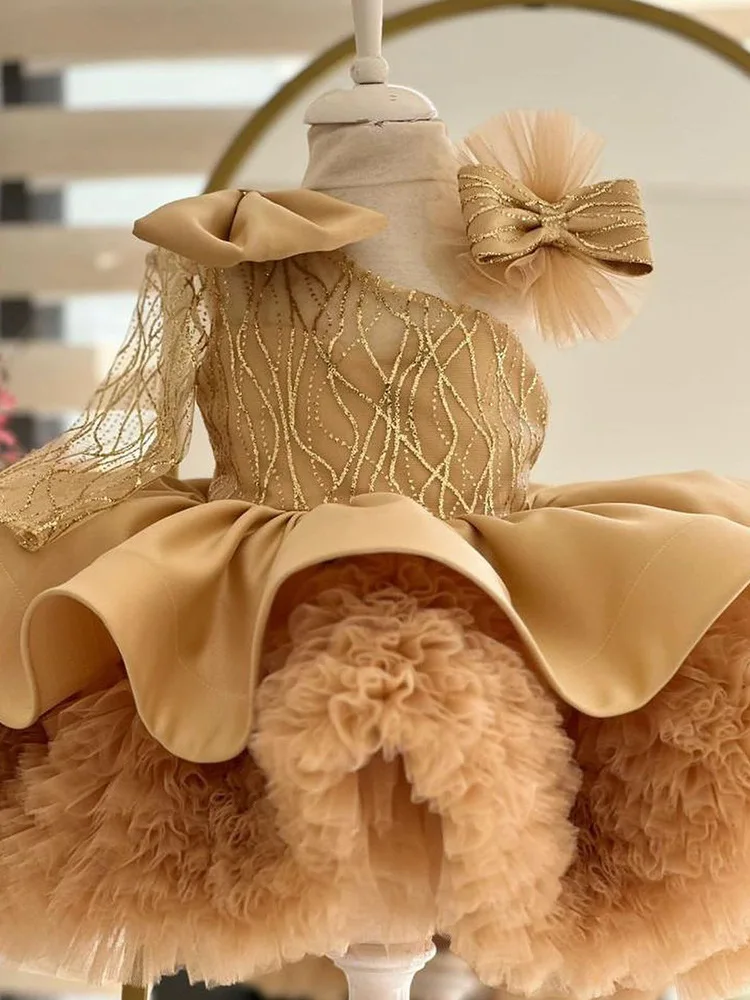 Girl\'s sequin bow princess dress 2024 new fashion single shoulder fluffy dress carnival birthday wedding flower girl performance