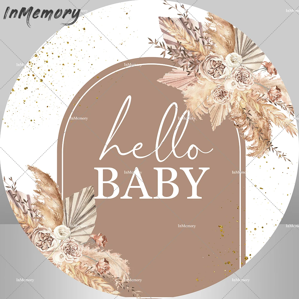Boho รอบฉากหลังสีน้ําตาลดอกไม้พื้นหลังสําหรับ Baby Shower Party ตกแต่ง Hello Baby เค้กตารางแบนเนอร์