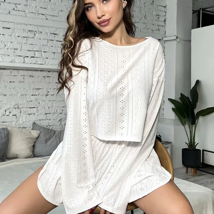 

Женский вязаный комплект домашней одежды Pointelle, повседневный укороченный топ с длинными рукавами и шорты, комплект из двух предметов, летняя домашняя одежда Y2K, новинка