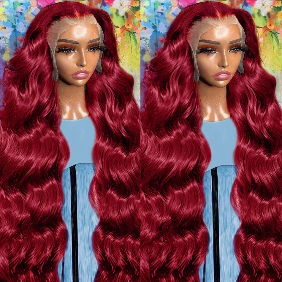 250% 13x6 HD Transparent Body Wave 99j burgundy Lace Frontal Human Hair Wig 30 34 Inch 13x4 Lace Front Wig PrePlucked For Women