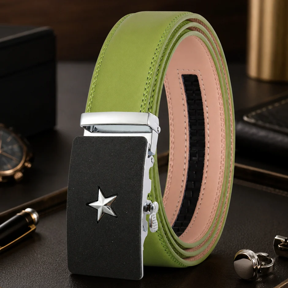 Five-pointed Star Automatic Buckle Belt Men Genuine Leather Formal Fashion Business Male Belts Red Brown White Blue Green B821