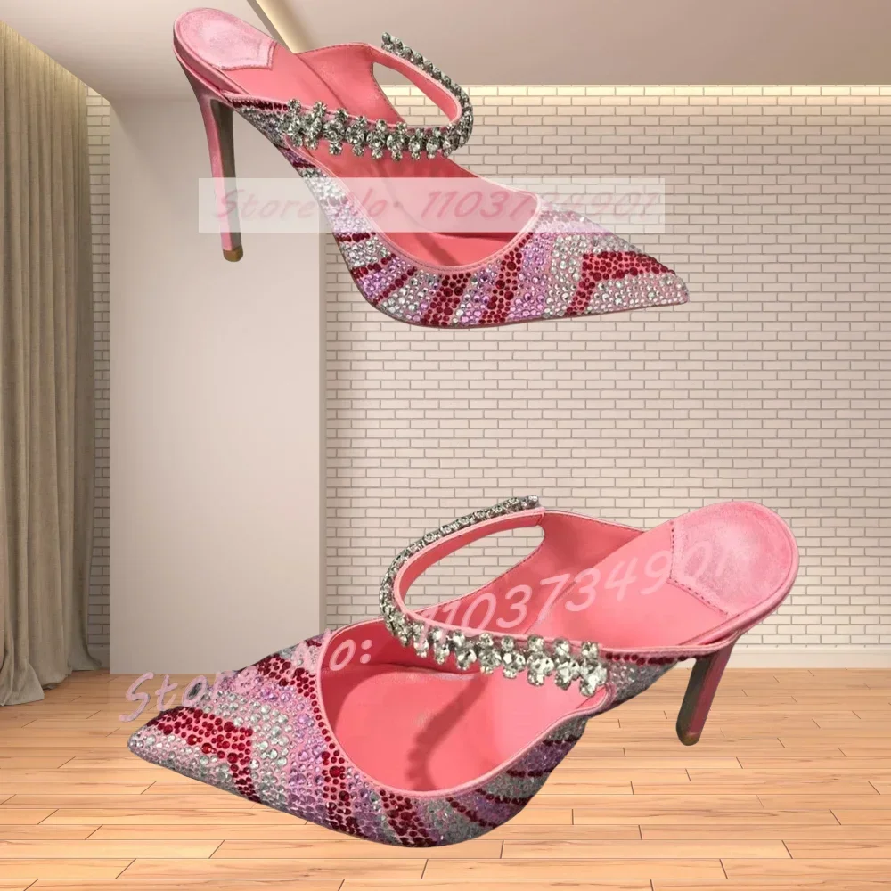 Colorful Crystals Slippers Women Feminine Pointed Toe Stiletto High Heels Shoes Female Party Elegant Sexy Outdoor Slippers