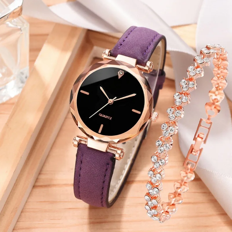 2024 Luxury Fashion Womens Watch Set PU Leather Strap Ladies Quartz Wristwatch Rhinestone Rose Gold Bracelet for Ladies Gift