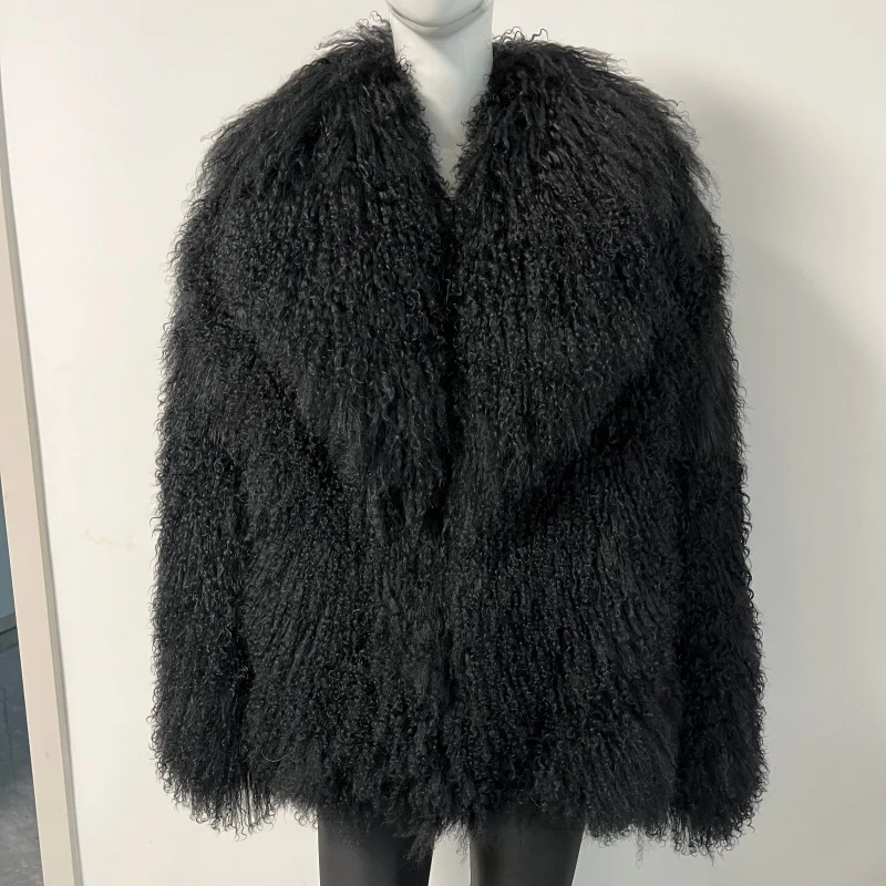 Beiziru Women's Mongolia Sheep Fur Coat Turn-down Collar Real  Warm Stylish Outerwear Jacket