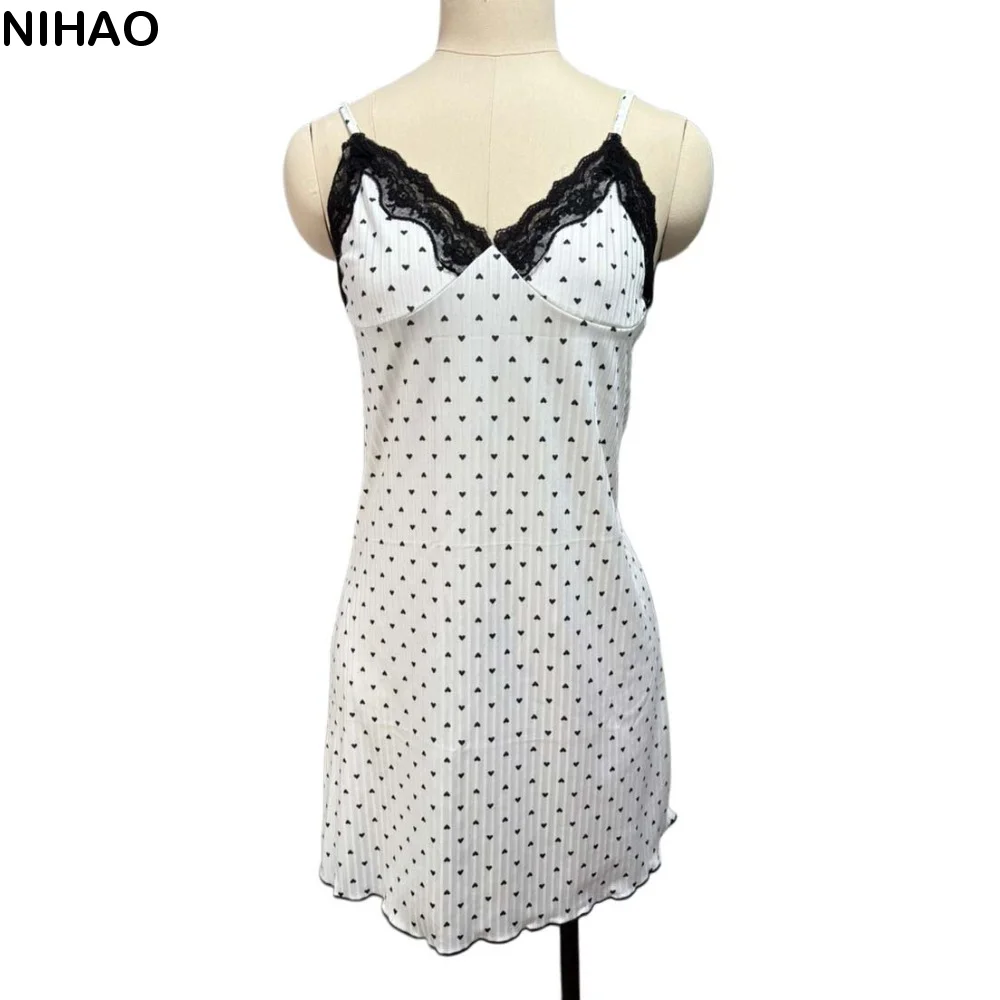 

Love Heart Print Women Heart Pajama Dress Sleeveless Suspender Lace Trim Camisole Nightdress Soft Sleepwear