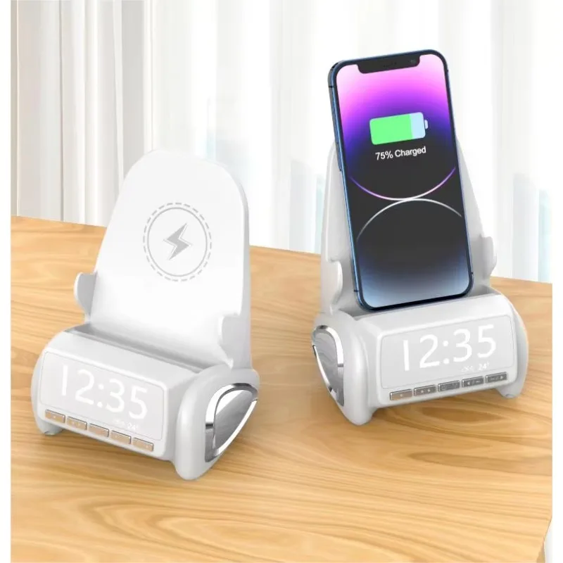 

Unique Chair Shaped Multi-functional 3000mAh Battery BT and Induction Speaker 15W Wireless Charger Stand Alarm Clock