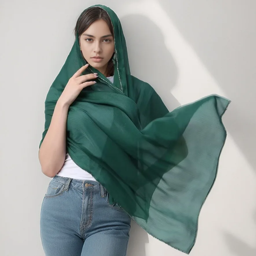 

2025 прозрачный блестящий шарф из бисера, атласная композитная пряжа, креп-шифон, однотонный хиджаб, платок, повязка на голову, однотонный длинный глушитель