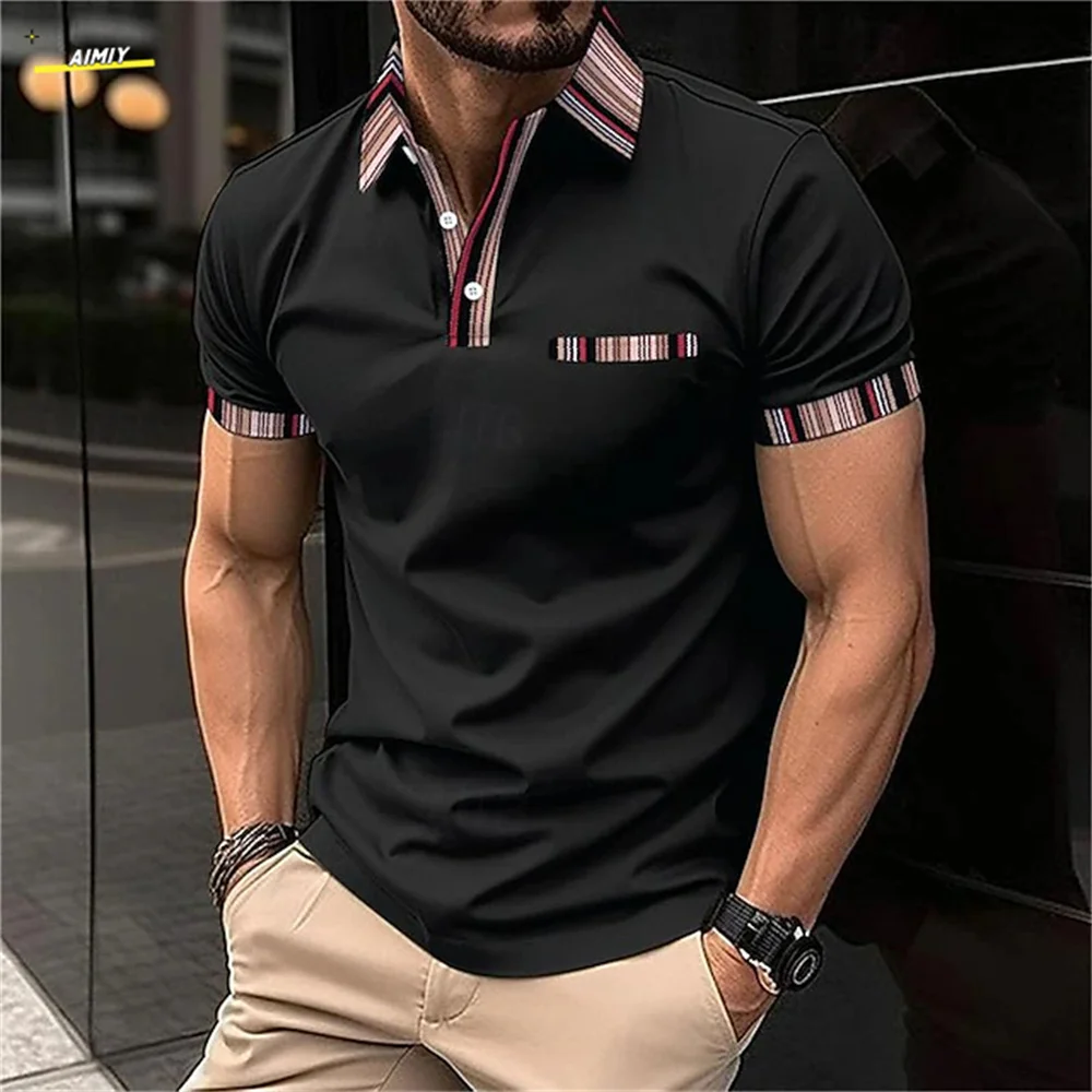 Men\'s Polo Shirt Button Up Polos Casual Sports Lapel Short Sleeve Fashion Color Block Patchwork Summer Regular Fit Polo Shirt