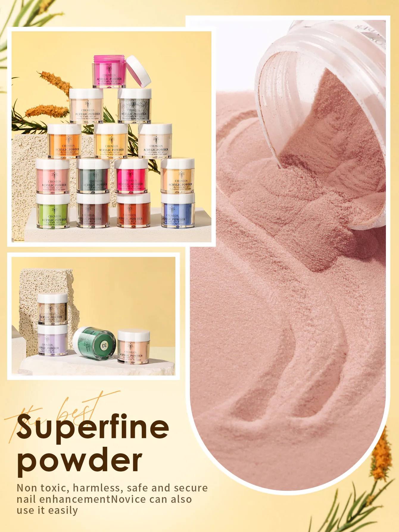 CHOSEOS – ensemble de poudre de cristal 36 couleurs, 10 G/0.35 Oz par bouteille, pour bricolage, Extension française, Sculpture d'ongles 3D, longue durée, sans ongles