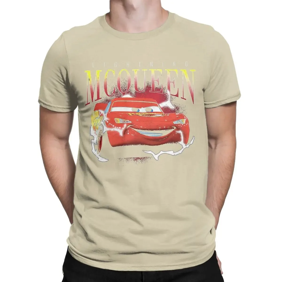 Men T-Shirts Smile Shiny Lightning Mcqueen Vintage 100% Cotton Tees Short Sleeve Cars T Shirts Crew Neck Tops Oversized T-shirt