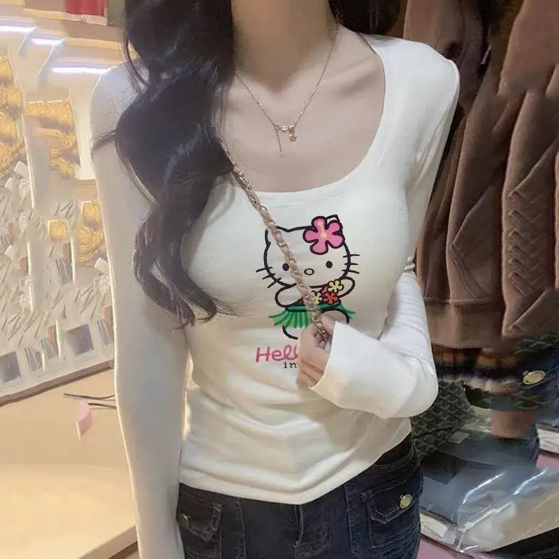 

Женская футболка Sanrio Hello Kitty, топы с длинными рукавами, термофлис, осенне-зимний сезон, двойной U-образный вырез, новый модный стиль