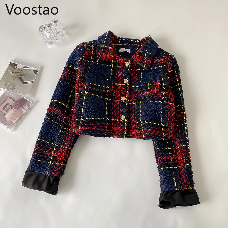 Spring Autumn Elegant Plaid Sets Women Vintage Turn-Down Collar Short Coats Long Skirts Suit Office Lady Temperament 2 Piece Set