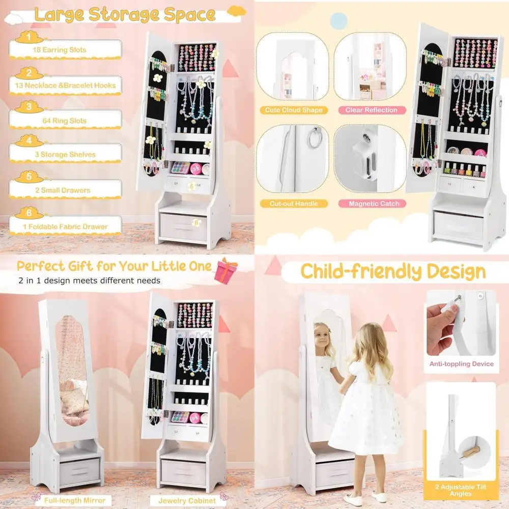 

Children's White Standing Jewelry Armoire with Mirror and 3 Drawers