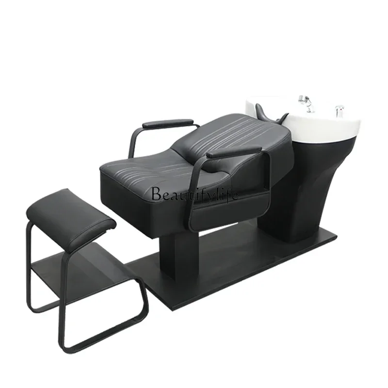 

High-End Ceramic Basin Barber Shop Half Lying Shampoo Chair Special Stainless Steel Hair Massage Couch