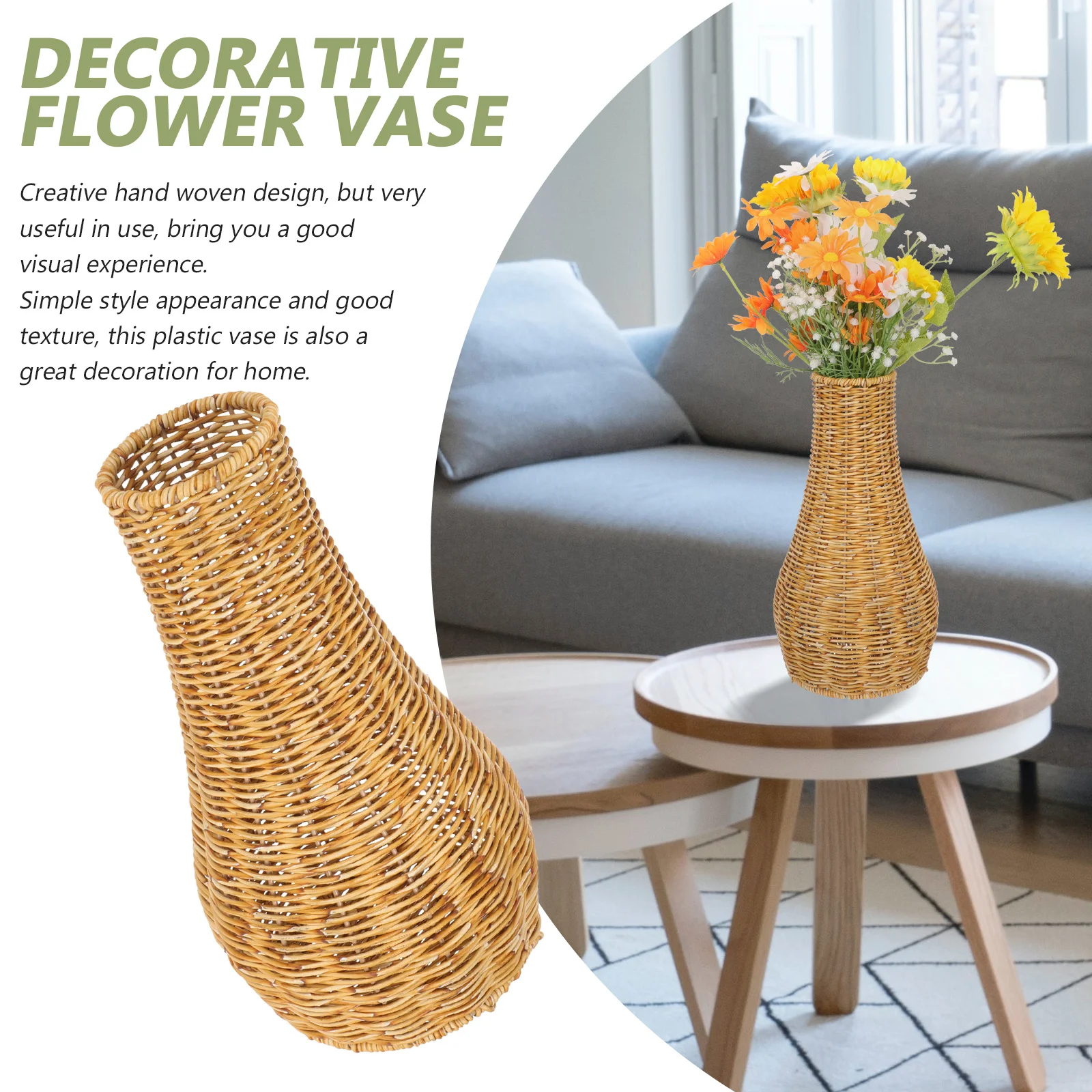 

Retro Woven Flower Vase Premium Plastic Tall Imitation Rattan Decorative Vase For Home Office Table Dried Flower Holder