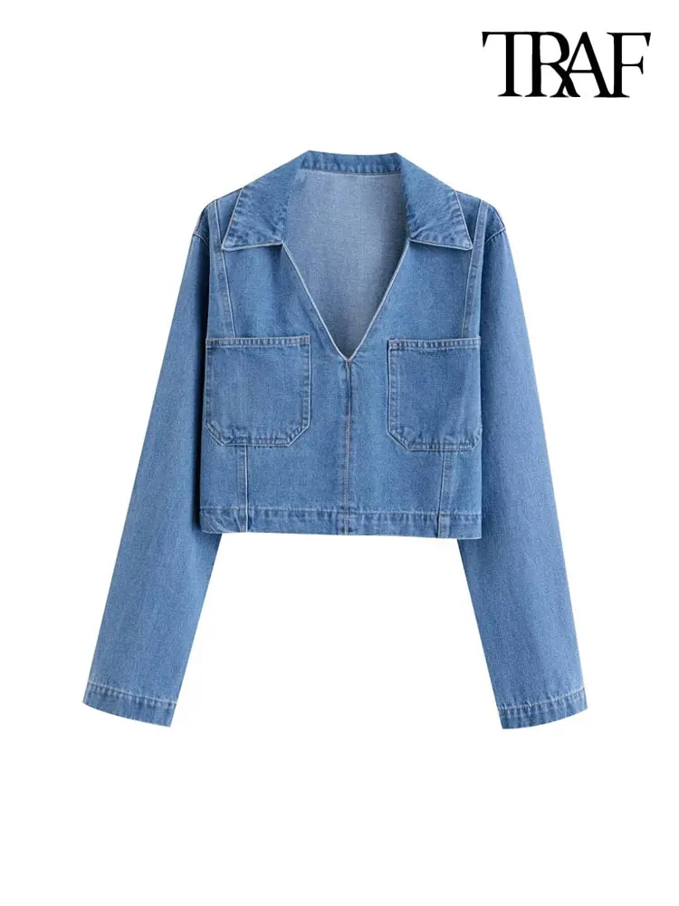 TRAF-Loose Denim Blouses with Pockets for Women, Lapel Collar, Long Sleeve, Female Shirts, Chic Tops, Fashion