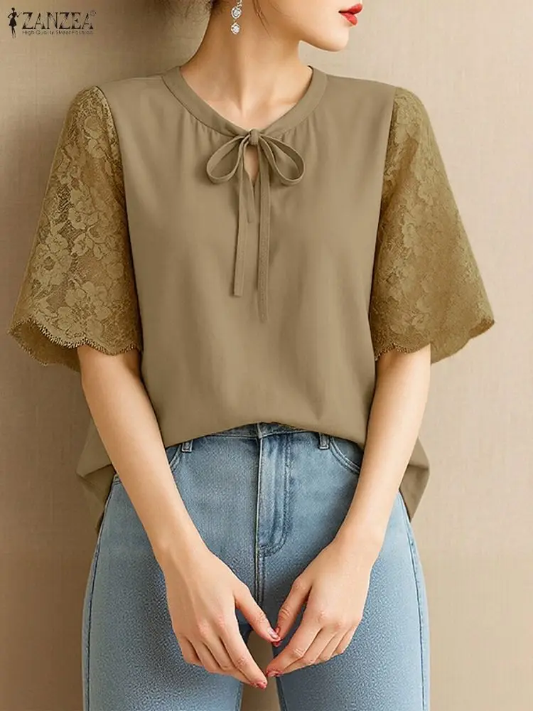 

ZANZEA Elegant Women's Lace Patchwork Half Sleeve Blouses Casual Lace-Up O-Neck Solid Color Tops Korean Fashion Woman Clothes