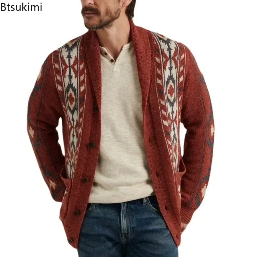 

2024 Autumn/Winter Men's Sweaters Lapel Retro Jacquard Sweater Coats Man Knitted Cardigan Thicker Warm Sweater for Men's Jacket