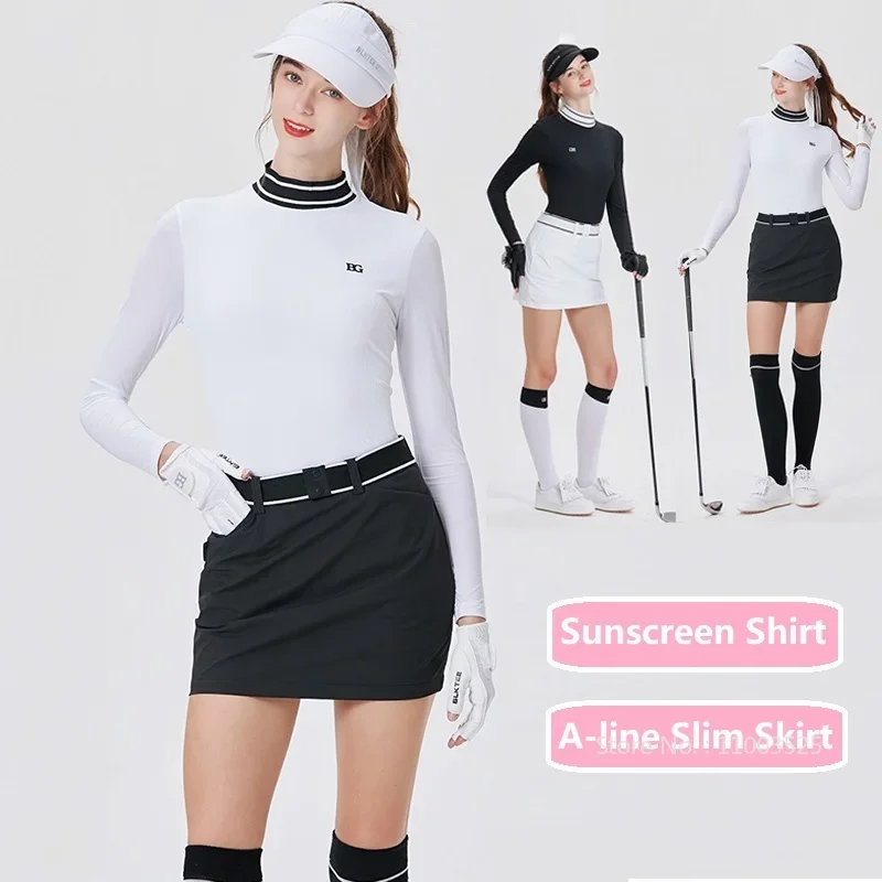 

Blktee Women Summer Ice Silk Sleeve Golf Tops Ladies Round Neck Cooling Shirt A-lined Sports Skirt Split Pencil Skorts Sunscreen