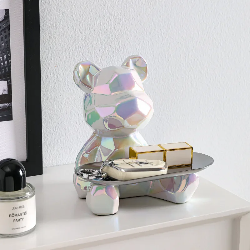 Ceramic Geometric Bear Ornament Coin Bank Home Living Room Desktop Remote Control Key Storage Tray Decorative Statue Gift
