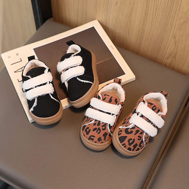 Boys' Simple Children's Leopard Print Hook&loop Cute Cotton Shoes 2023 Round Head Winter Warm Solid Korean Girls' Casual Shoes