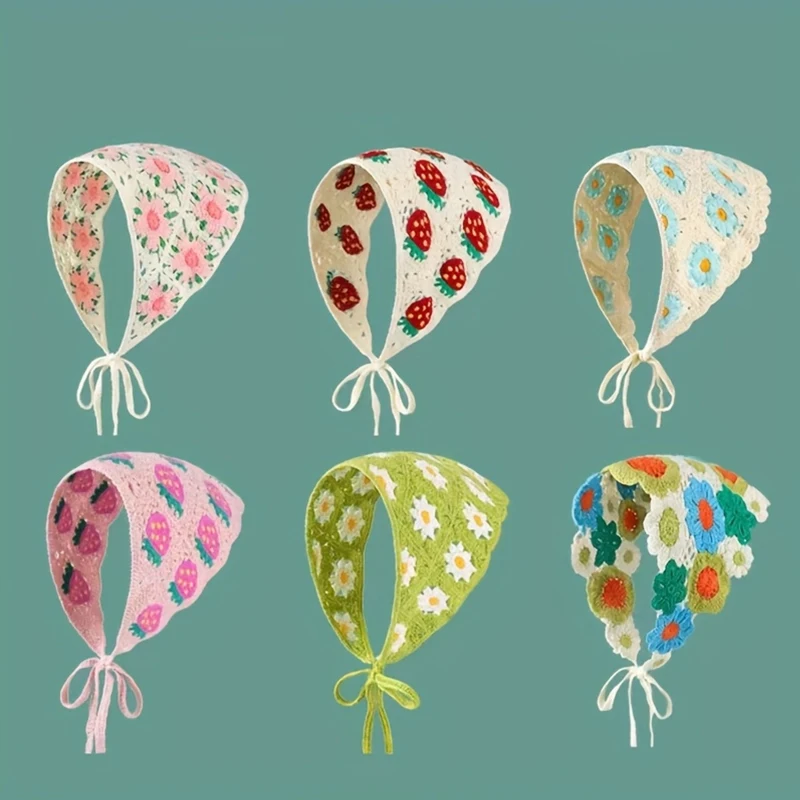 

Элегантная вязаная треугольная повязка на голову для женщин, модная повязка для волос с универсальным узором в виде клубники, аксессуар для волос