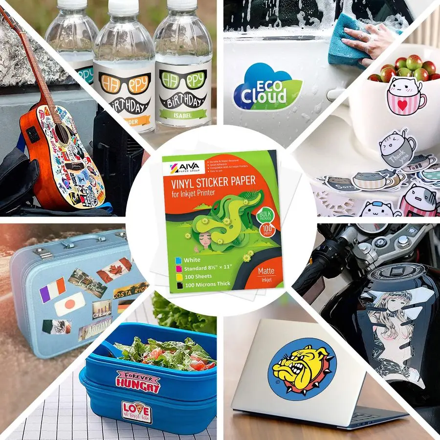 ورق لاصق فينيل للطابعة النافثة للحبر أبيض غير لامع 100 ورقة ذاتية اللصق ورق لاصق مقاوم للماء حجم الحروف القياسية 8.5x11