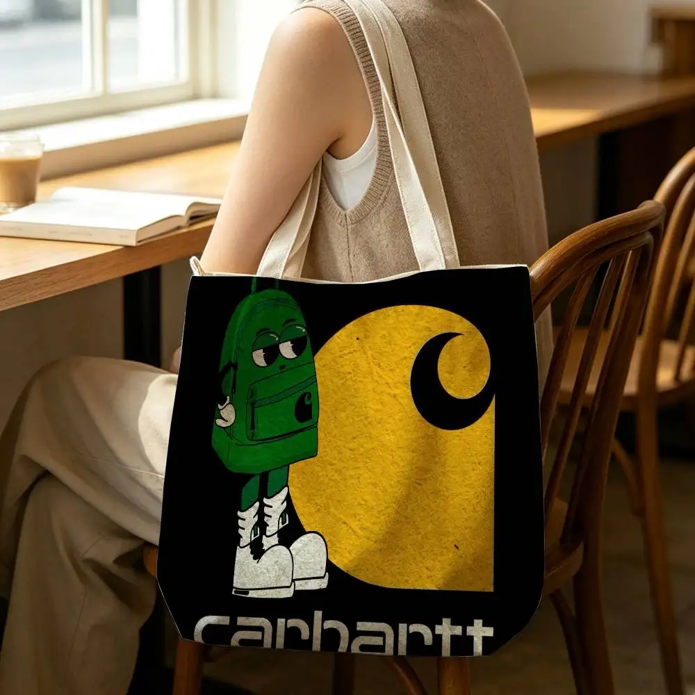 Carhartt Logo L-Leather Tote Bag for Women Reusable Shopping Tote Bag Zippered Shoulder Bags Print