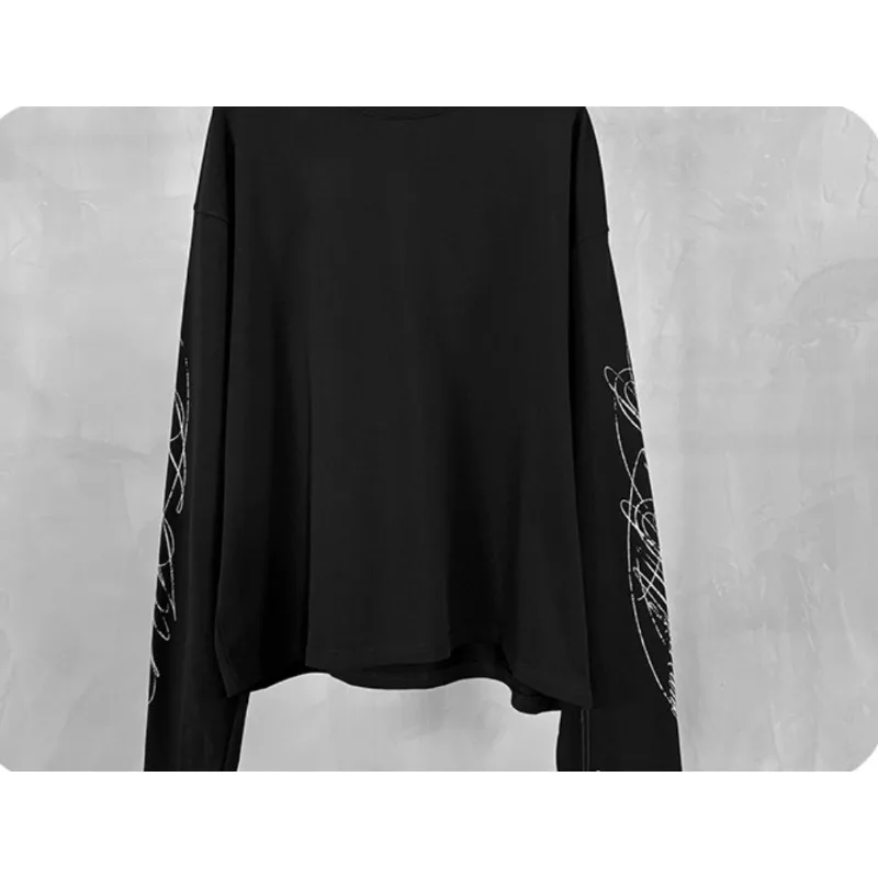 Y2K Men Long Sleeve T-Shirt 100% Cotton Handwritten Script Print Loose Boxy Fit Streetwear Pullover Casual Sportswear Base Layer